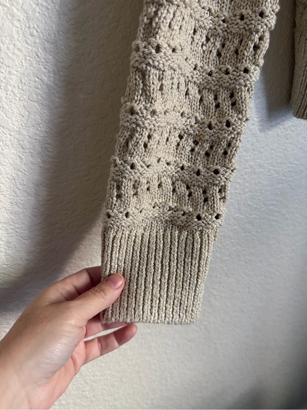 Loft Shimmer Pointelle Crewneck Cardigan S Gold Neutral - Picture 4 of 8